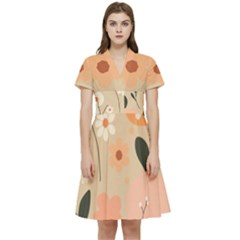 Minimalist Pattern With Simple Lines,flower And Shapes, Creating A Clean And Modern Short Sleeve Waist Detail Dress