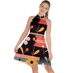  Minimalist Pattern With Simple Lines,flower And Shapes, Creating A Clean And Modern Sleeveless Halter Neck A-line Dress