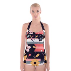  Minimalist Pattern With Simple Lines,flower And Shapes, Creating A Clean And Modern Boyleg Halter Swimsuit 