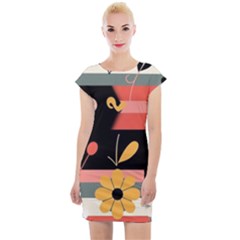  Minimalist Pattern With Simple Lines,flower And Shapes, Creating A Clean And Modern Cap Sleeve Bodycon Dress