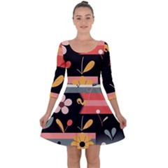  Minimalist Pattern With Simple Lines,flower And Shapes, Creating A Clean And Modern Quarter Sleeve Skater Dress