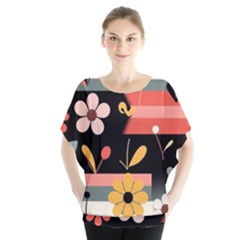  Minimalist Pattern With Simple Lines,flower And Shapes, Creating A Clean And Modern Batwing Chiffon Blouse