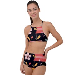  Minimalist Pattern With Simple Lines,flower And Shapes, Creating A Clean And Modern Halter Tankini Set