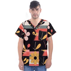  Minimalist Pattern With Simple Lines,flower And Shapes, Creating A Clean And Modern Men s V-neck Scrub Top