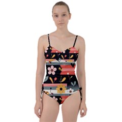  Minimalist Pattern With Simple Lines,flower And Shapes, Creating A Clean And Modern Sweetheart Tankini Set