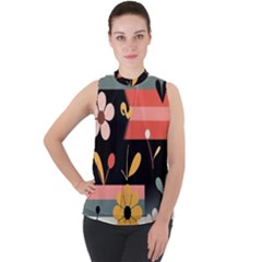  Minimalist Pattern With Simple Lines,flower And Shapes, Creating A Clean And Modern Mock Neck Chiffon Sleeveless Top