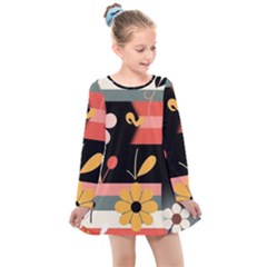  Minimalist Pattern With Simple Lines,flower And Shapes, Creating A Clean And Modern Kids  Long Sleeve Dress