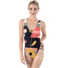  Minimalist Pattern With Simple Lines,flower And Shapes, Creating A Clean And Modern High Leg Strappy Swimsuit