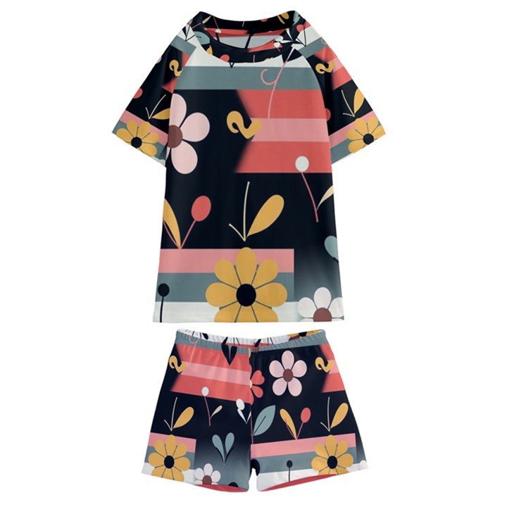  Minimalist Pattern With Simple Lines,flower And Shapes, Creating A Clean And Modern Kids  Swim T-Shirt and Shorts Set