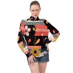  Minimalist Pattern With Simple Lines,flower And Shapes, Creating A Clean And Modern High Neck Long Sleeve Chiffon Top