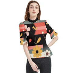  Minimalist Pattern With Simple Lines,flower And Shapes, Creating A Clean And Modern Frill Neck Blouse