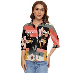  Minimalist Pattern With Simple Lines,flower And Shapes, Creating A Clean And Modern Women s Quarter Sleeve Pocket Shirt