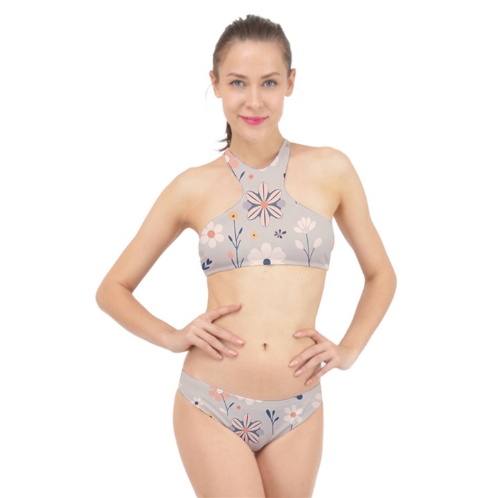  Minimalist Pattern With Simple Lines,flower And Shapes, Creating A Clean And Modern High Neck Bikini Set