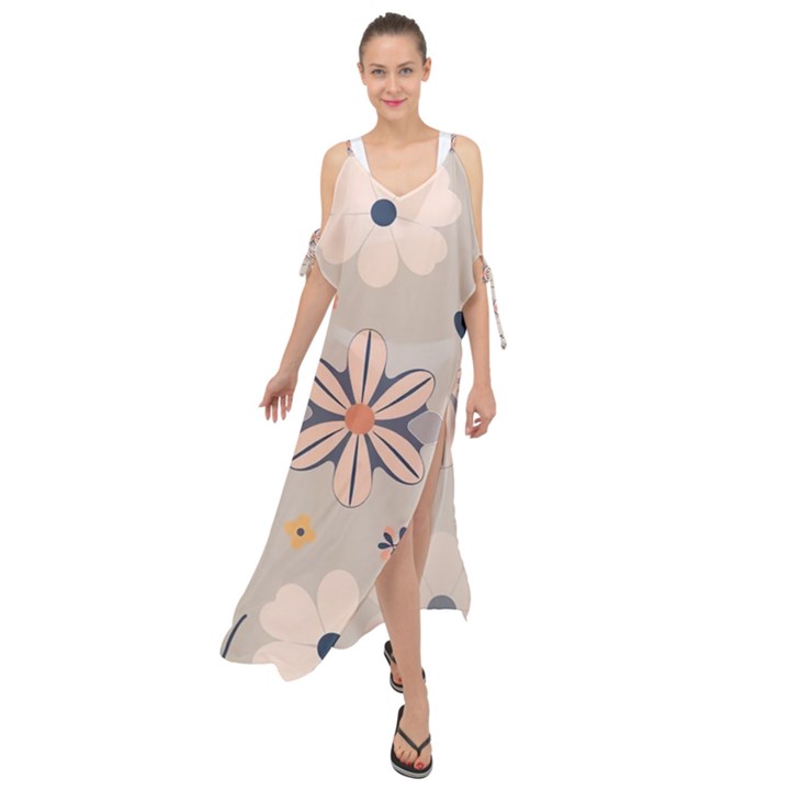  Minimalist Pattern With Simple Lines,flower And Shapes, Creating A Clean And Modern Maxi Chiffon Cover Up Dress