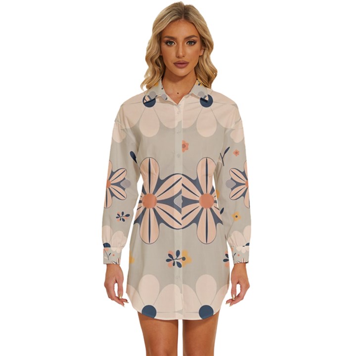  Minimalist Pattern With Simple Lines,flower And Shapes, Creating A Clean And Modern Womens Long Sleeve Shirt Dress