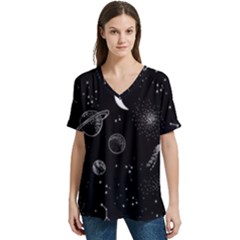 Cosmic Black Space Star V-neck Split Shoulder Casual T-shirt