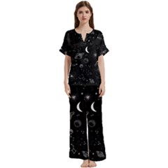 Cosmic Black Space Star Short Sleeve Long Pants Satin Pajamas Set