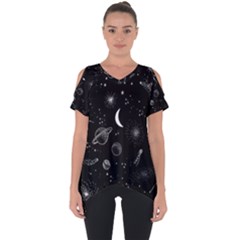 Cosmic Black Space Star Cut Out Side Drop T-shirt