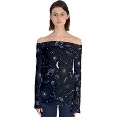 Cosmic Black Space Star Off Shoulder Long Sleeve Top