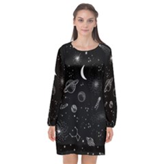 Cosmic Black Space Star Long Sleeve Chiffon Shift Dress 