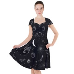 Cosmic Black Space Star Cap Sleeve Midi Dress