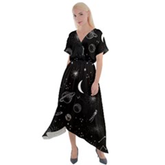 Cosmic Black Space Star Cross Front Sharkbite Hem Maxi Dress