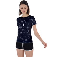 Cosmic Black Space Star Back Circle Cutout Sports T-shirt