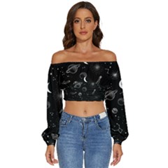 Cosmic Black Space Star Long Sleeve Crinkled Weave Crop Top