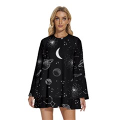 Cosmic Black Space Star Round Neck Long Sleeve Bohemian Style Chiffon Mini Dress