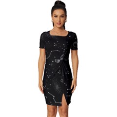 Cosmic Black Space Star Fitted Knot Split End Bodycon Dress