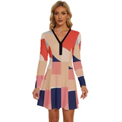 Minimalist Pattern With Simple Lines And Shapes, Creating A Clean And Modern Aesthe Long Sleeve Deep V Mini Dress 