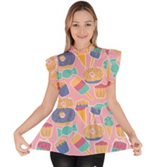 Ice Cream Donut Sweets Candie Ruffle Collar Short Sleeve Chiffon Top