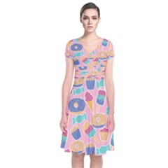 Ice Cream Donut Sweets Candie Short Sleeve Front Wrap Dress