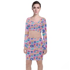 Ice Cream Donut Sweets Candie Long Sleeve Crop Top & Bodycon Skirt Set