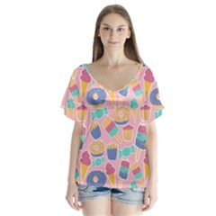 Ice Cream Donut Sweets Candie V-neck Flutter Sleeve Top