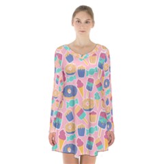 Ice Cream Donut Sweets Candie Long Sleeve Velvet V-neck Dress