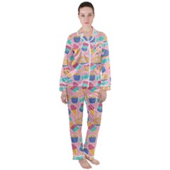 Ice Cream Donut Sweets Candie Women s Long Sleeve Satin Pajamas Set