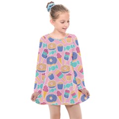 Ice Cream Donut Sweets Candie Kids  Long Sleeve Dress by Apenda