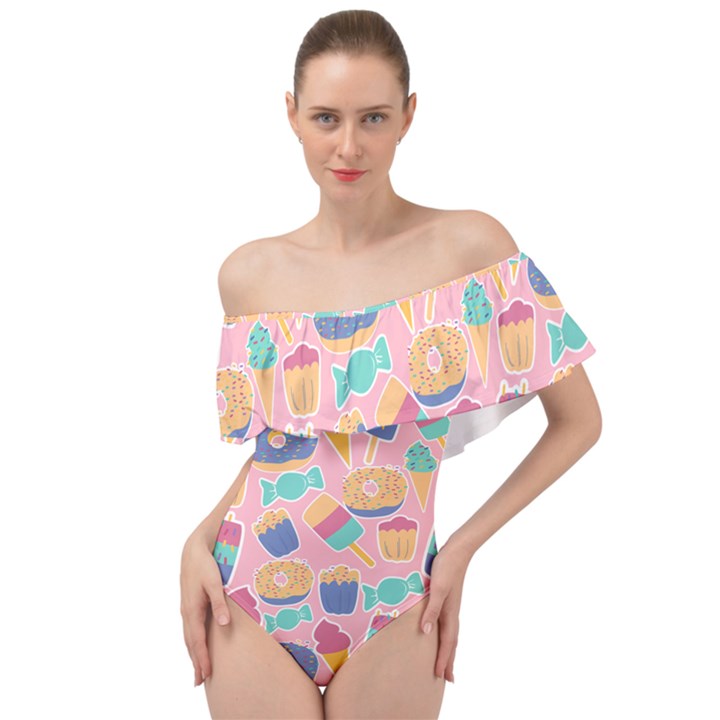 Ice Cream Donut Sweets Candie Off Shoulder Velour Bodysuit 