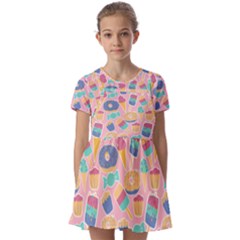 Ice Cream Donut Sweets Candie Kids  Short Sleeve Pinafore Style Dress by Apenda