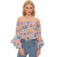 Ice Cream Donut Sweets Candie Off Shoulder Flutter Bell Sleeve Top