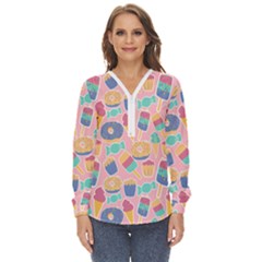 Ice Cream Donut Sweets Candie Zip Up Long Sleeve Blouse