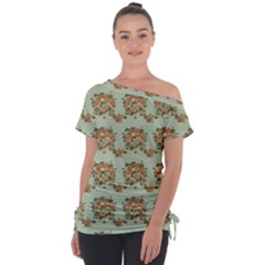 Retro 1880s Flowers Pattern 19 Off Shoulder Tie-up T-shirt