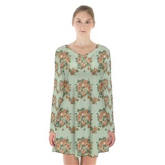 Retro 1880s Flowers Pattern 19 Long Sleeve Velvet V-neck Dress