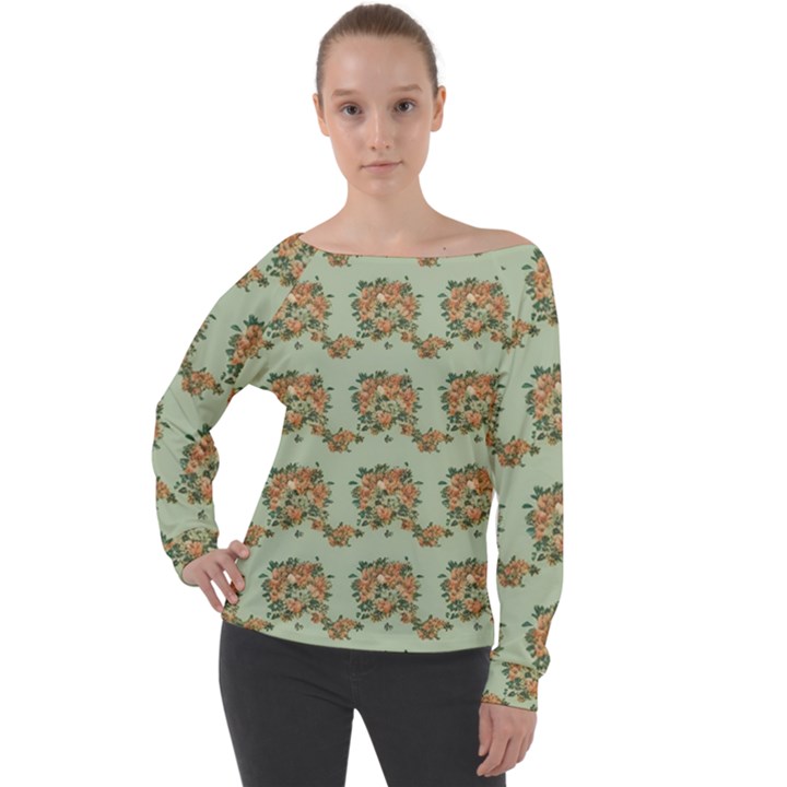 Retro 1880s Flowers Pattern 19 Off Shoulder Long Sleeve Velour Top