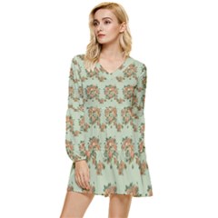 Retro 1880s Flowers Pattern 19 Tiered Long Sleeve Mini Dress