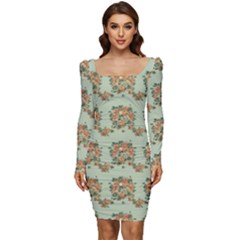 Retro 1880s Flowers Pattern 19 Women Long Sleeve Ruched Stretch Jersey Dress