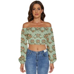 Retro 1880s Flowers Pattern 19 Long Sleeve Crinkled Weave Crop Top