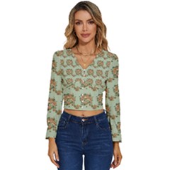 Retro 1880s Flowers Pattern 19 Long Sleeve V-neck Top