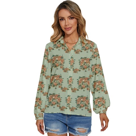 Retro 1880s Flowers Pattern 19 Women s Long Sleeve Button Up Shirt by violetheavensky